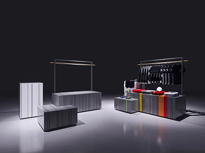 Modern Clothing Display Shelves With Hanging Rods And Colorful Panel Sections 3d model