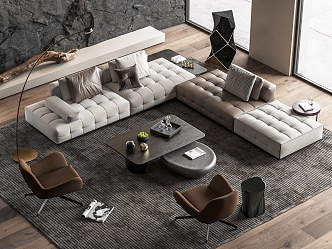 minotti Sofa Coffee Table Combination Single Sofa Floor Lamp Mao Stone Wall Background Wall 3d model