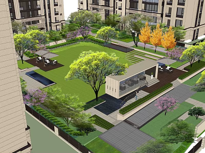 Residential Courtyard Landscape With Green Lawn Colorful Trees Pathways And Seating Area 3d model