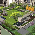 Residential Courtyard Landscape With Green Lawn Colorful Trees Pathways And Seating Area