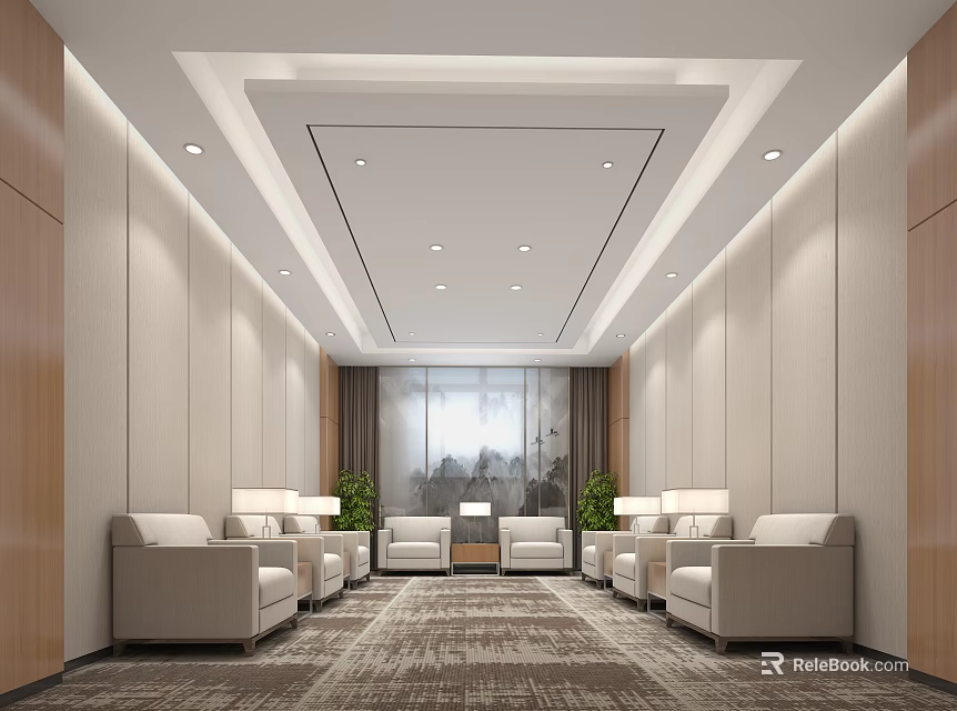 Modern Hotel Public Lounge Area Interior With Comfortable Sofas Soft Lighting And Large Windows 3d model 