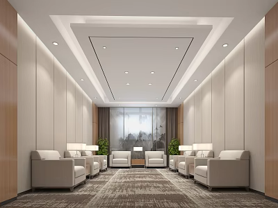 Modern Hotel Public Lounge Area Interior With Comfortable Sofas Soft Lighting And Large Windows 3d model