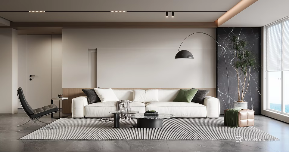 Modern Living Room Interior Design With White Sofa Striped Rug And Floor Lamp 3d model 