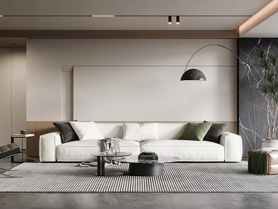 Modern Living Room Interior Design With White Sofa Striped Rug And Floor Lamp 3d model