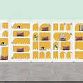 Modern Display Shelves with Handbags Shoes Storage and Small Plants in Retail Showcase