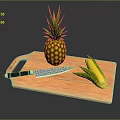 Wooden Cutting Board With Fresh Pineapple Sharp Knife And Corn Ears