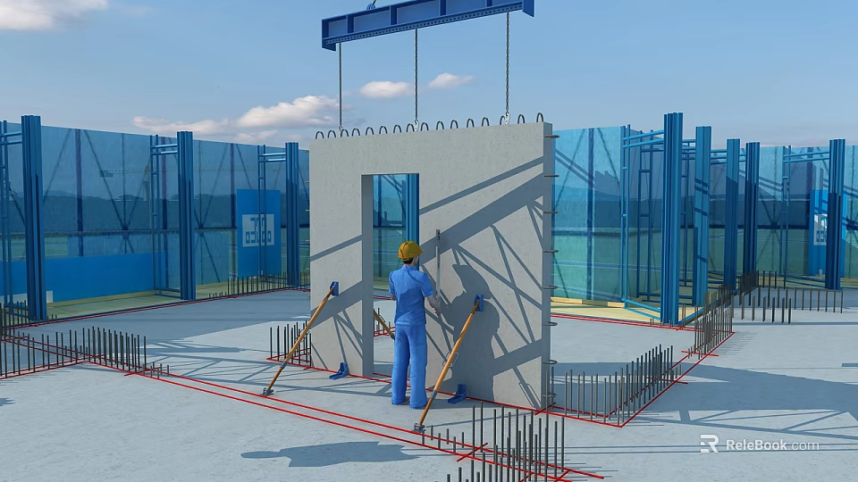 Construction Site Worker In Yellow Hard Hat Working On Concrete Wall With Blue Safety Barriers 3d model 