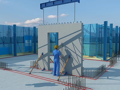 Construction Site Worker In Yellow Hard Hat Working On Concrete Wall With Blue Safety Barriers 3d model