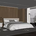 Modern Bedroom Interior With Large Bed Wooden Wardrobe Ambient Lighting And Floor To Ceiling Window