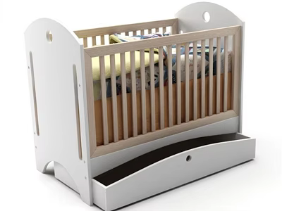 Wooden Baby Crib with Light Wood White Frame Drawer Storage and Colorful Bedding 3d model