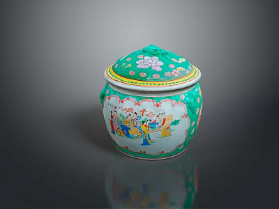 Decorative Ceramic Jar With Green Lid And Colorful Figure Patterns 3d model