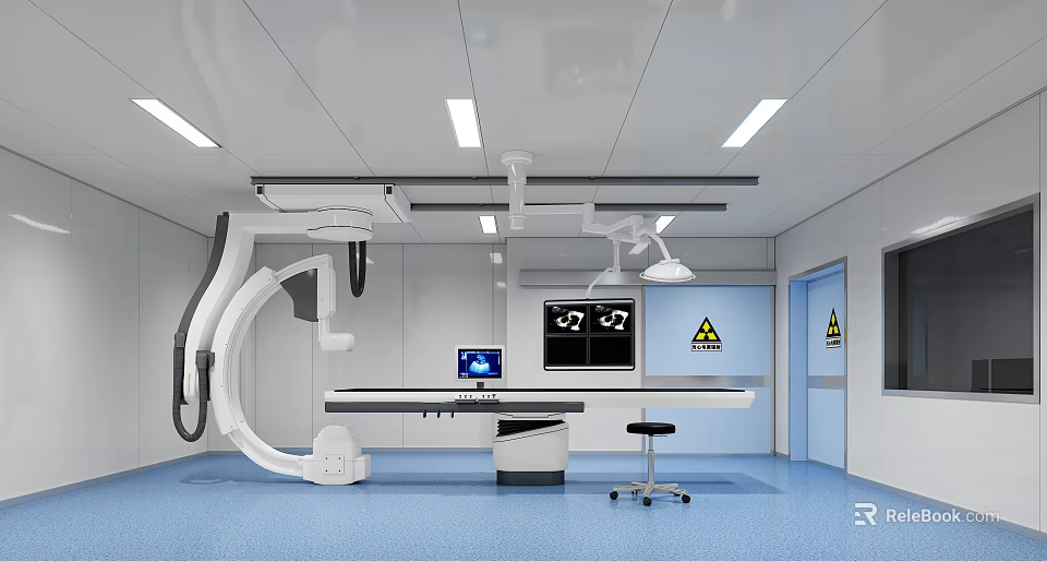 Sterile Operating Room Equipped With Medical Equipment Surgical Table Blue Floor And Ceiling Lights 3d model 