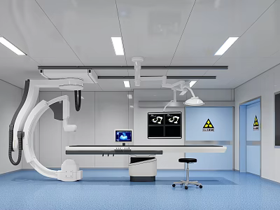 Sterile Operating Room Equipped With Medical Equipment Surgical Table Blue Floor And Ceiling Lights 3d model