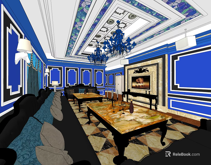 Luxurious KTV Interior With Blue White Decor Chandelier Marble Tables And Sofas 3d model