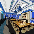 Luxurious KTV Interior With Blue White Decor Chandelier Marble Tables And Sofas 3d model