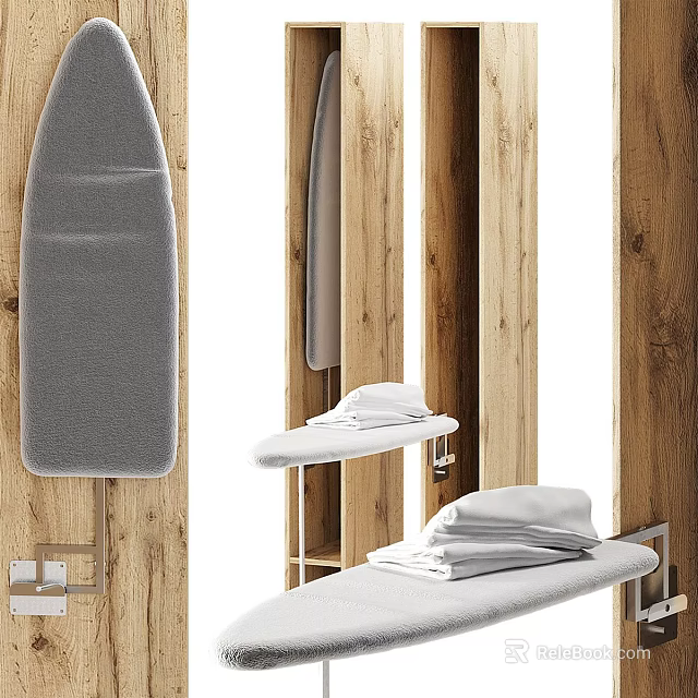 Hardware Tools Metal Stands And Ironing Boards On Wooden Background With Folded Towels 3d model 