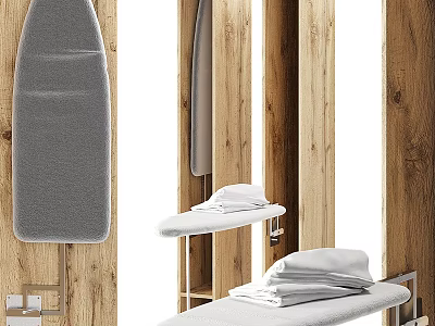 Hardware Tools Metal Stands And Ironing Boards On Wooden Background With Folded Towels 3d model