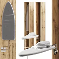 Hardware Tools Metal Stands And Ironing Boards On Wooden Background With Folded Towels