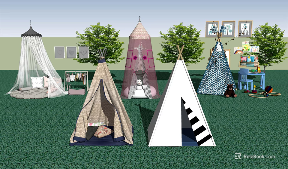 Piano Key Patterned Teepee Tents in Kids Play Area with Trees and Toys 3d model 