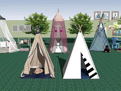 Piano Key Patterned Teepee Tents in Kids Play Area with Trees and Toys 3d model