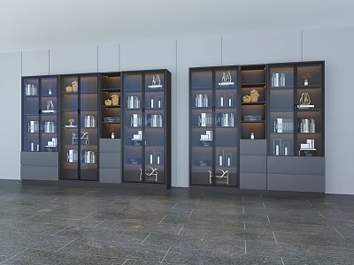 Modern Bookcase Interior Design With Glass Doors Wooden Elements And Layered Books 3d model