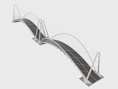 Modern Curved Arch Bridge Structure With Steel Cable Supports And Black Deck Surface 3d model