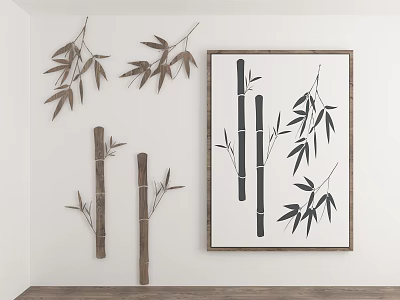 Bamboo Plant Painting And Bamboo Wall Decor In Minimalist Room 3d model