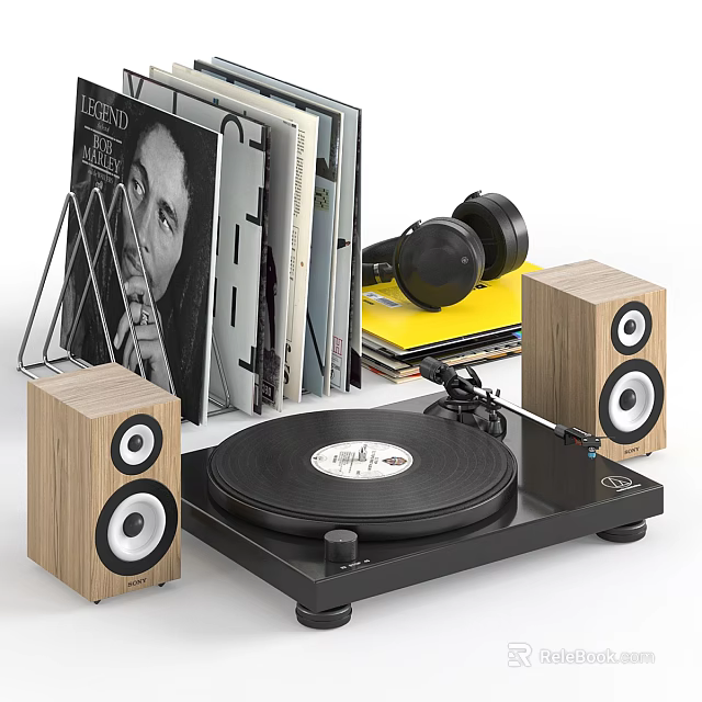 Books Magazines Collection With Vinyl Record Player Headphones Stacked Issues And Wooden Speakers 3d model 