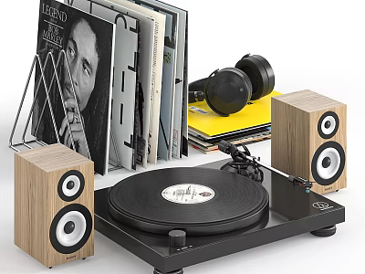 Books Magazines Collection With Vinyl Record Player Headphones Stacked Issues And Wooden Speakers 3d model