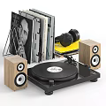 Books Magazines Collection With Vinyl Record Player Headphones Stacked Issues And Wooden Speakers