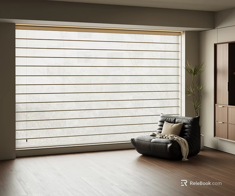 Modern Window Blinds In Living Room With Cozy Armchair And Wooden Floor 3d model 