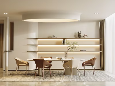 Modern Restaurant Interior With Round Dining Table Leather Chairs Round Ceiling Light And Decorative Shelves 3d model