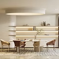 Modern Restaurant Interior With Round Dining Table Leather Chairs Round Ceiling Light And Decorative Shelves
