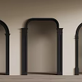 Three Black Arched Doorways Interior With Beige Walls Wooden Floor And Small Plant