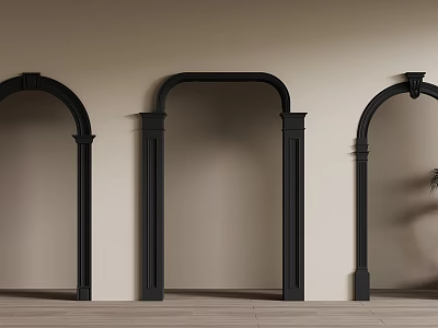 Three Black Arched Doorways Interior With Beige Walls Wooden Floor And Small Plant 3d model