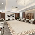 Spacious Hotel Public Lounge Area With White Sofas Wooden Decor Geometric Carpet And Chandeliers