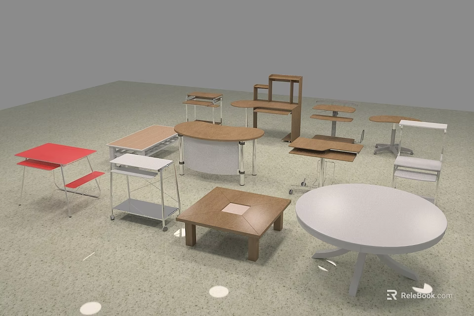 Modern Office Desks With Wooden Metal And White Surfaces In Various Shapes 3d model 
