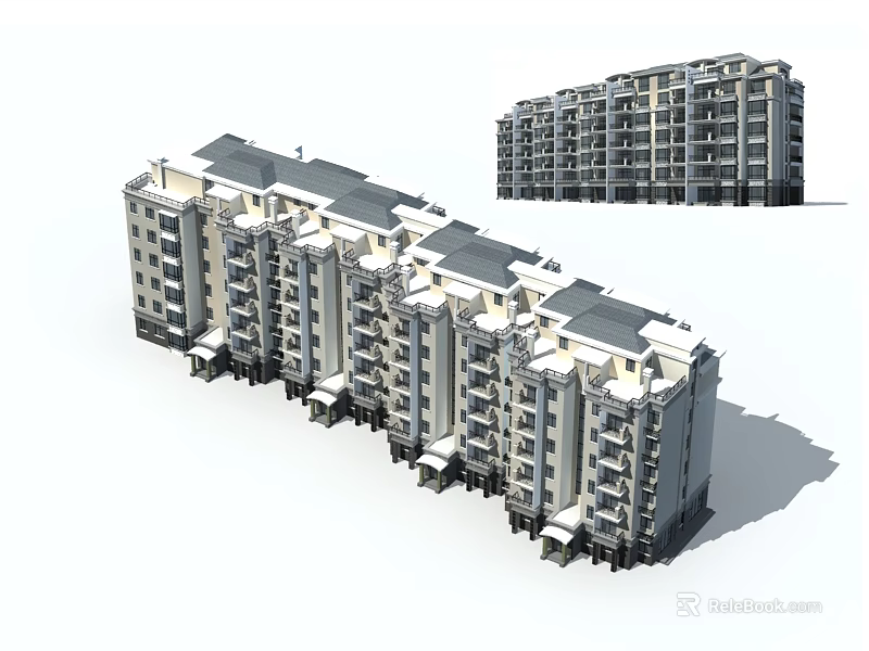 Modern Residential Building Complex With Row And Tall Structures And Balconies 3d model