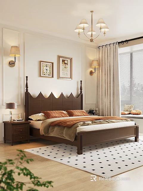 Warm Cozy Double Bed In Bedroom Interior With Wooden Headboard Framed Artworks And Wall Lamps 3d model 