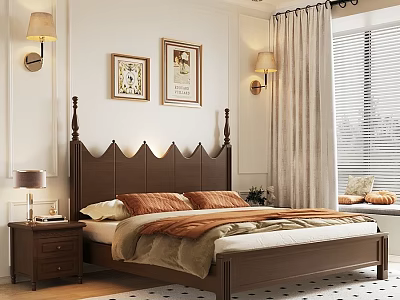 Warm Cozy Double Bed In Bedroom Interior With Wooden Headboard Framed Artworks And Wall Lamps 3d model