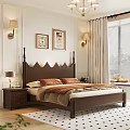 Warm Cozy Double Bed In Bedroom Interior With Wooden Headboard Framed Artworks And Wall Lamps