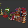 Household Items Display With Red Buckets Traffic Cones Tires And Wooden Sticks