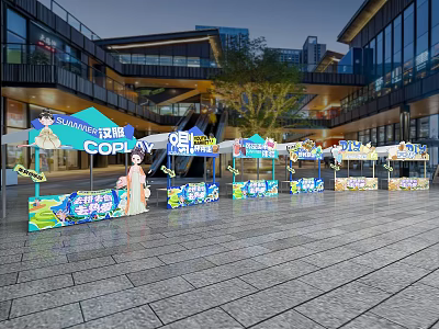 Outdoor Market Window Display Decoration With Blue Booths Ancient Costume Model And Modern Building Background 3d model