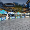 Outdoor Market Window Display Decoration With Blue Booths Ancient Costume Model And Modern Building Background