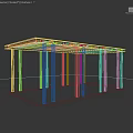 Outdoor Public Chair In White Roofed Pavilion With Wooden Floor Green Grassland And Trees