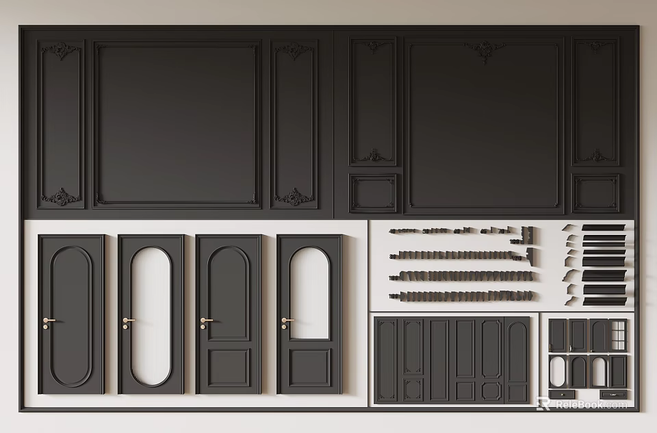 Black Interior Doors And Decorative Moldings With Various Designs And Hardware 3d model