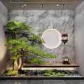 Zen Style Garden Ornament with Bonsai Pine Tree Circular Window Lantern Stone Wall Moss Pebbles
