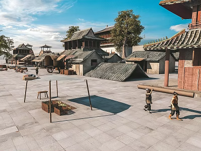 Scenic View of Ancient Chinese Village With Traditional Architecture Stone Square and Children Carrying Wood 3d model