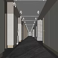 Elegant Elevator Hallway with Gray Marble Walls Patterned Carpet Recessed Lighting and Decorative Branch Sculpture
