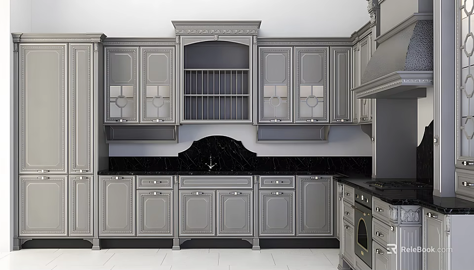 Elegant Gray Kitchen Cabinets With Ornate Carvings And Black Countertop 3d model 